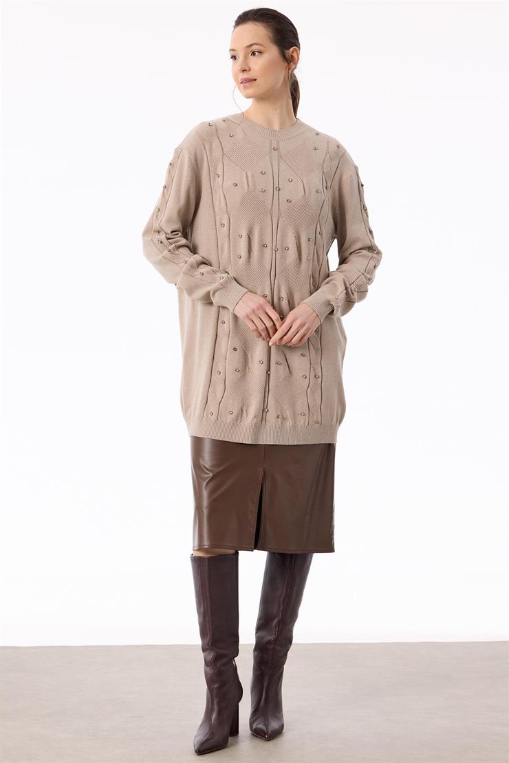 Örgü Detaylı Taşlı Triko Tunik BEJ