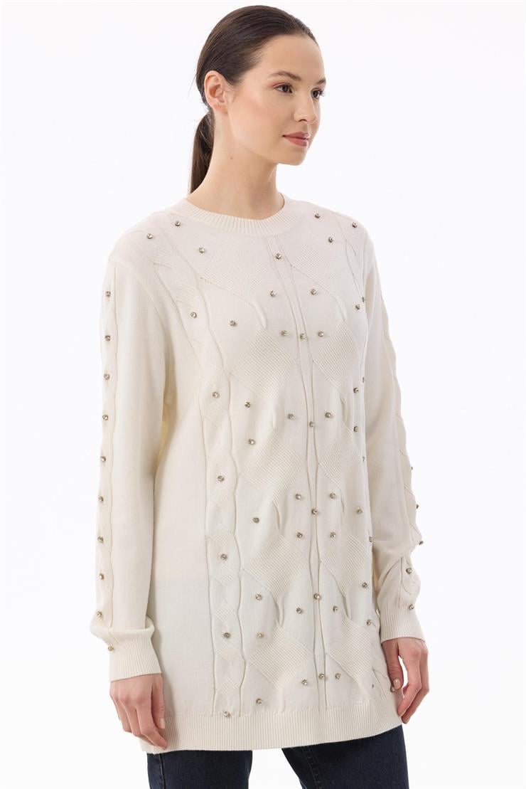 Örgü Detaylı Taşlı Triko Tunik EKRU