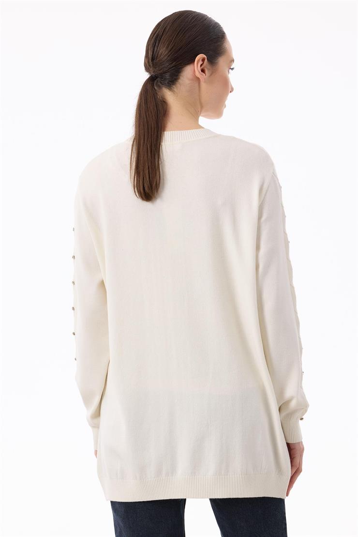 Örgü Detaylı Taşlı Triko Tunik EKRU