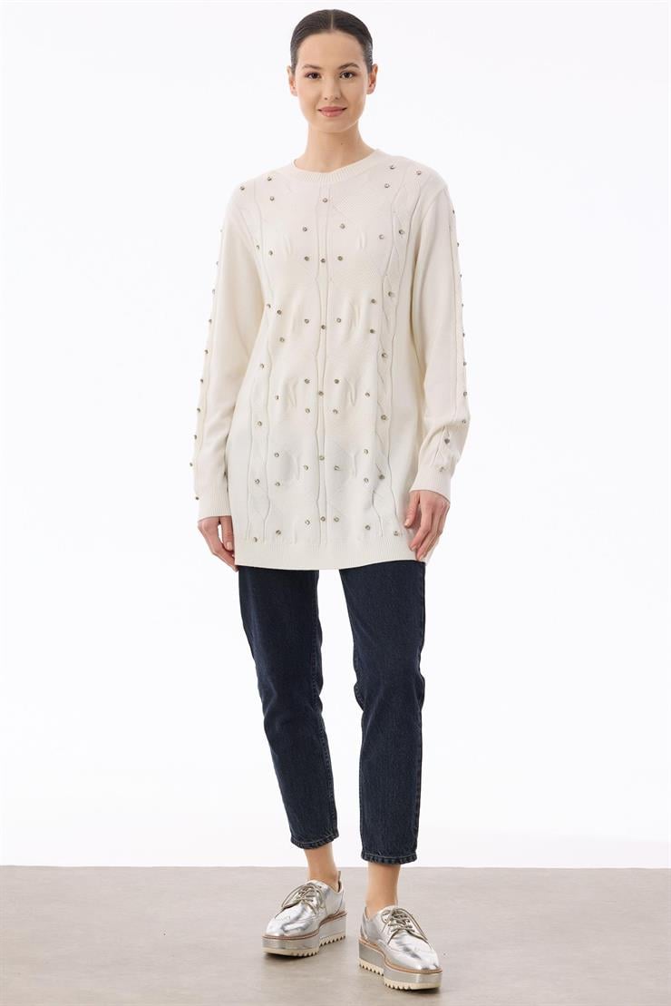 Örgü Detaylı Taşlı Triko Tunik EKRU
