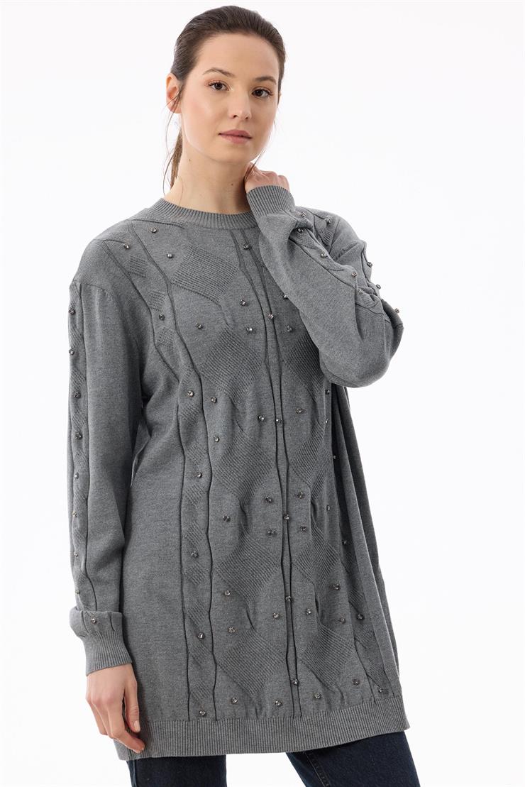 Örgü Detaylı Taşlı Triko Tunik GRİ