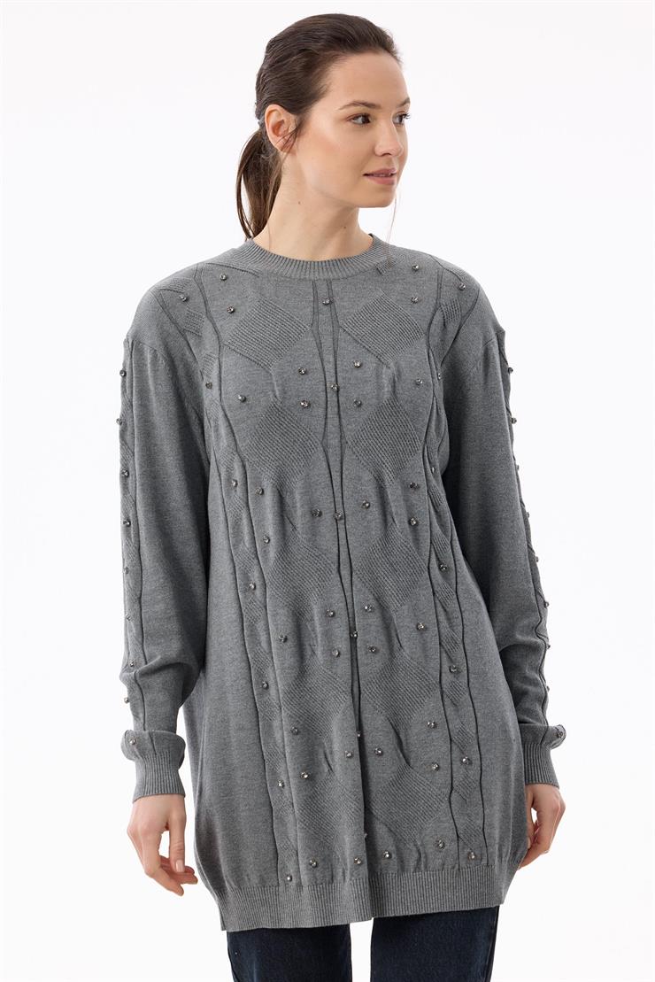 Örgü Detaylı Taşlı Triko Tunik GRİ