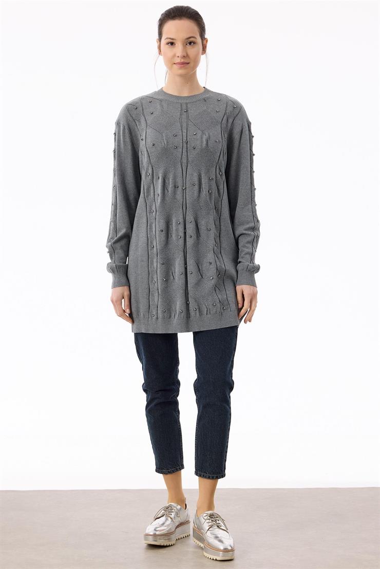 Örgü Detaylı Taşlı Triko Tunik GRİ