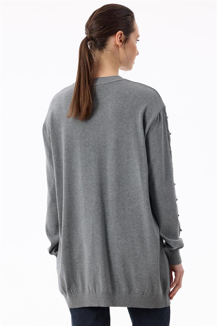 Örgü Detaylı Taşlı Triko Tunik GRİ