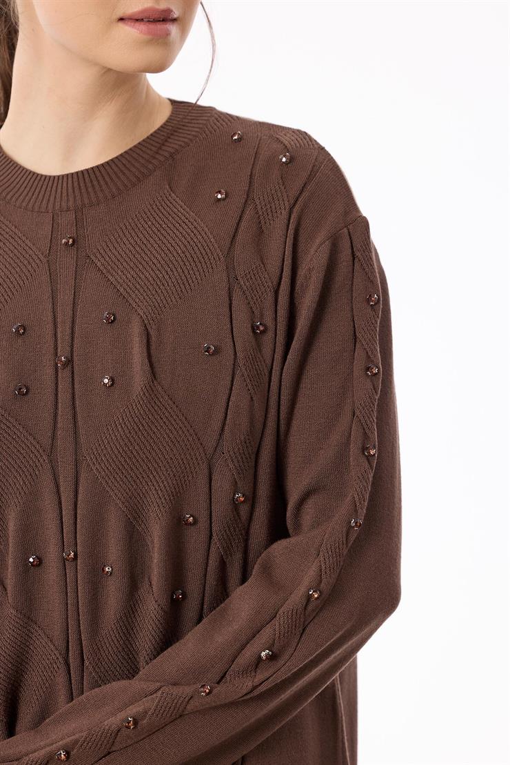 Örgü Detaylı Taşlı Triko Tunik KAHVE