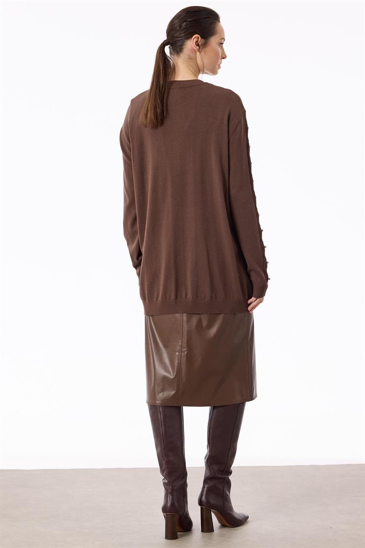 Örgü Detaylı Taşlı Triko Tunik KAHVE