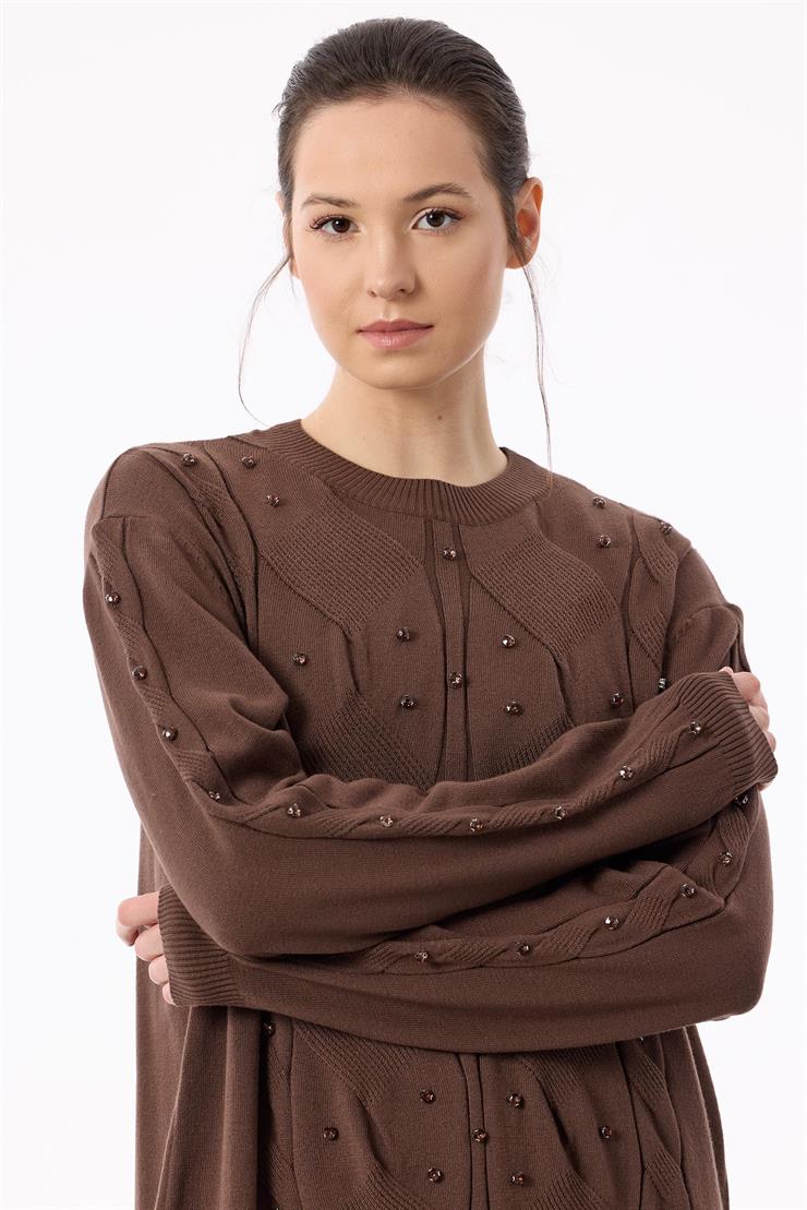 Örgü Detaylı Taşlı Triko Tunik KAHVE
