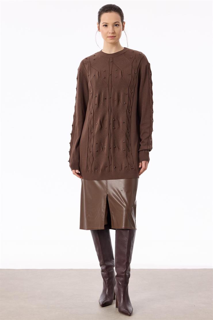 Örgü Detaylı Taşlı Triko Tunik KAHVE