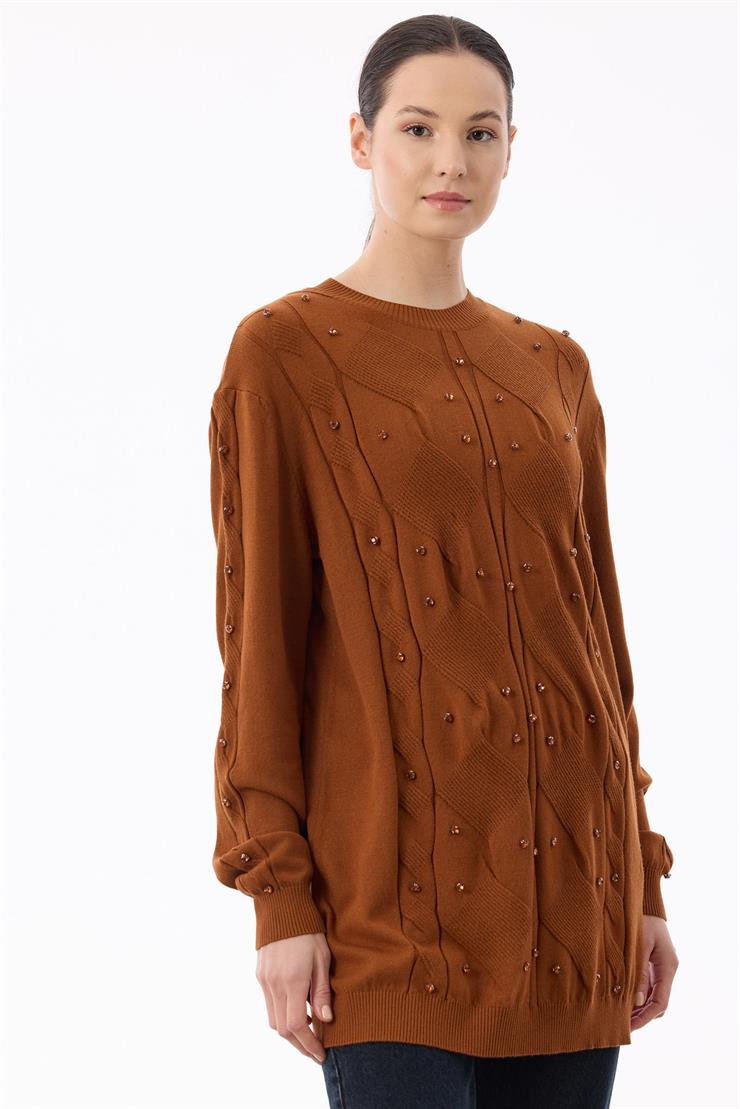 Örgü Detaylı Taşlı Triko Tunik KREMİT