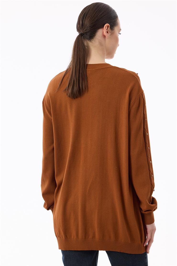 Örgü Detaylı Taşlı Triko Tunik KREMİT