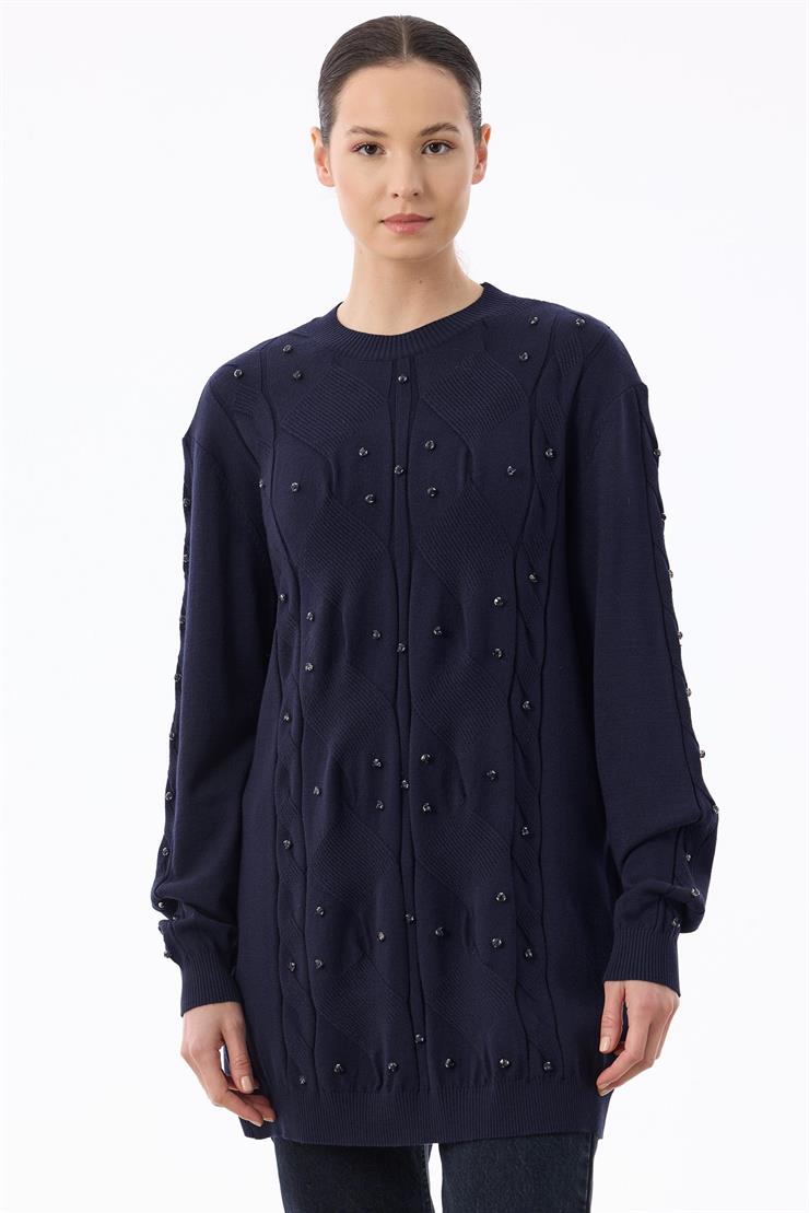 Örgü Detaylı Taşlı Triko Tunik LACİVERT