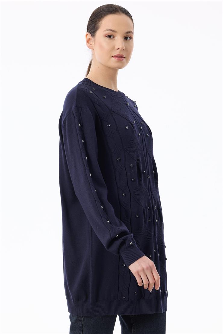 Örgü Detaylı Taşlı Triko Tunik LACİVERT