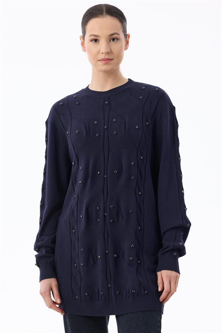 Örgü Detaylı Taşlı Triko Tunik LACİVERT