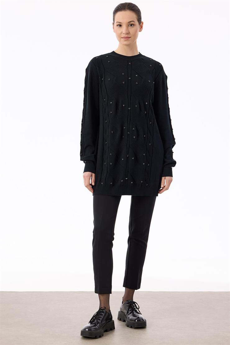 Örgü Detaylı Taşlı Triko Tunik SİYAH