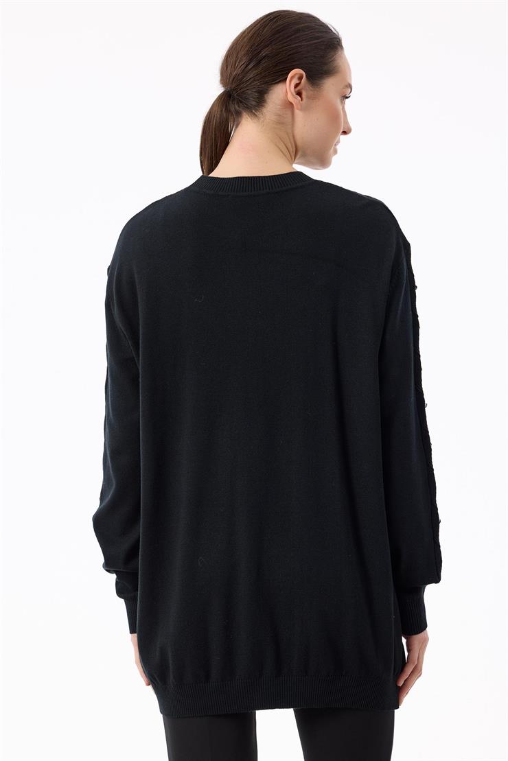 Örgü Detaylı Taşlı Triko Tunik SİYAH