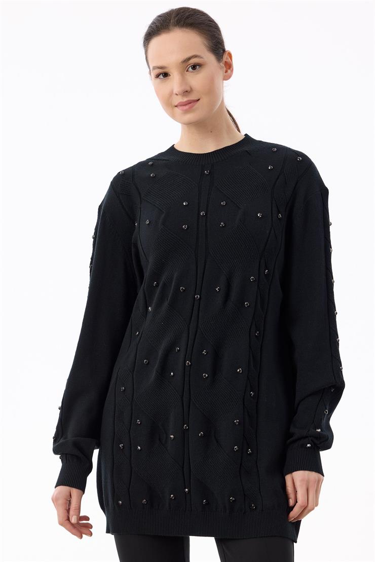 Örgü Detaylı Taşlı Triko Tunik SİYAH