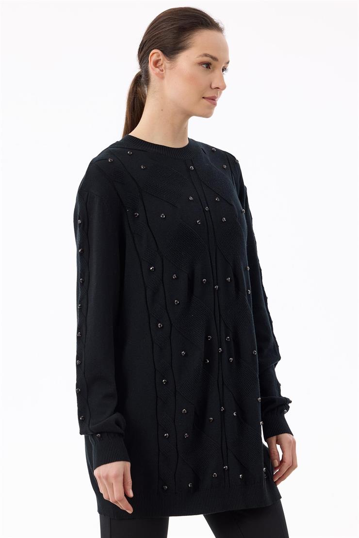 Örgü Detaylı Taşlı Triko Tunik SİYAH