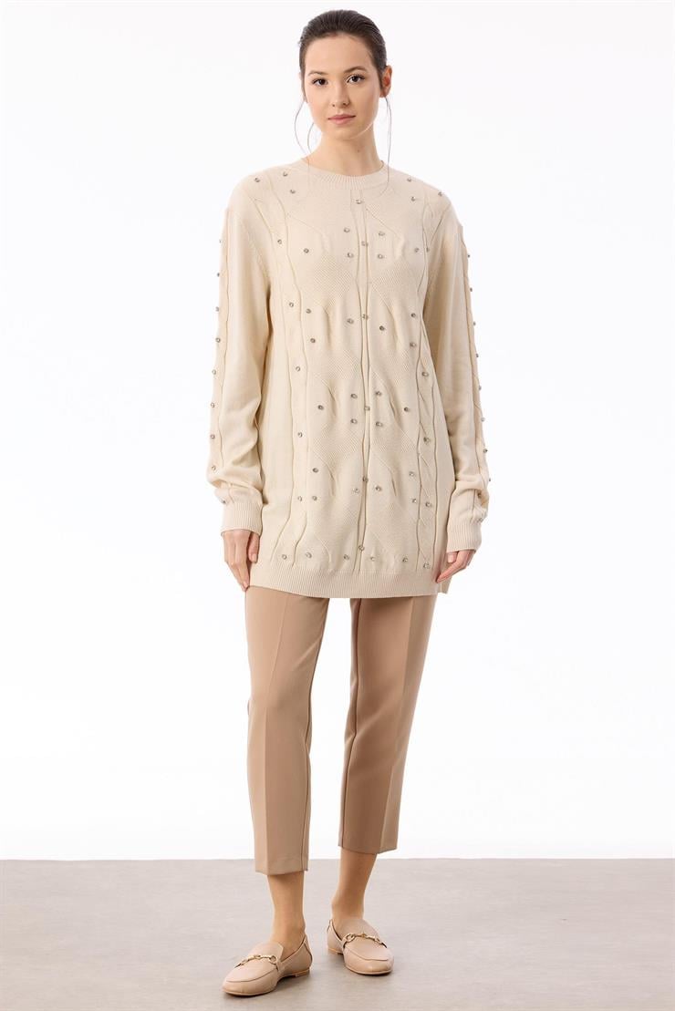 Örgü Detaylı Taşlı Triko Tunik VANİLYA