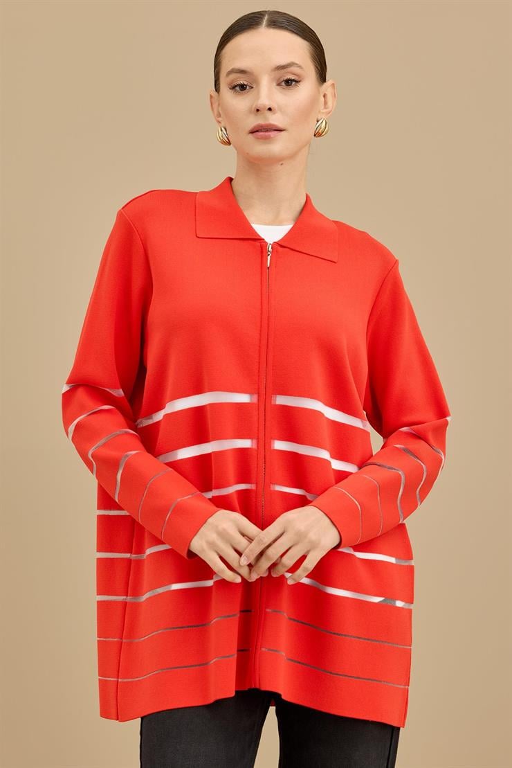 Örgü Detaylı Triko Rayon  Hırka KIRMIZI