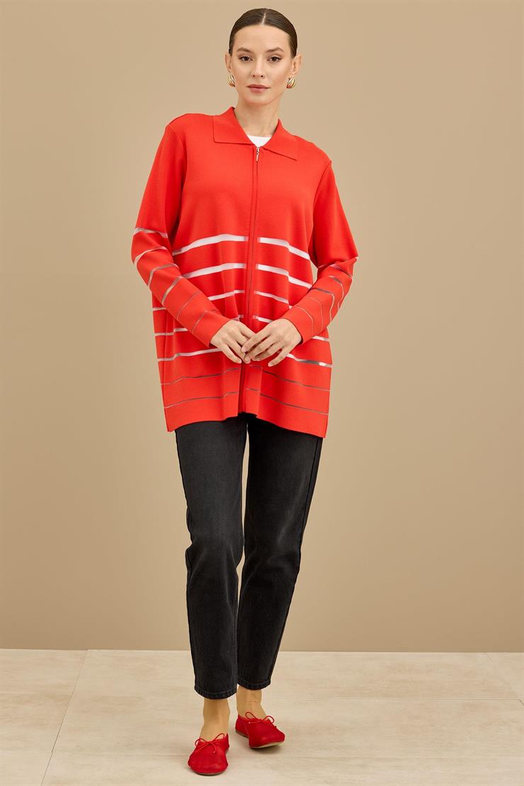 Örgü Detaylı Triko Rayon  Hırka KIRMIZI