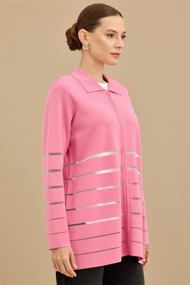 Örgü Detaylı Triko Rayon  Hırka PEMBE