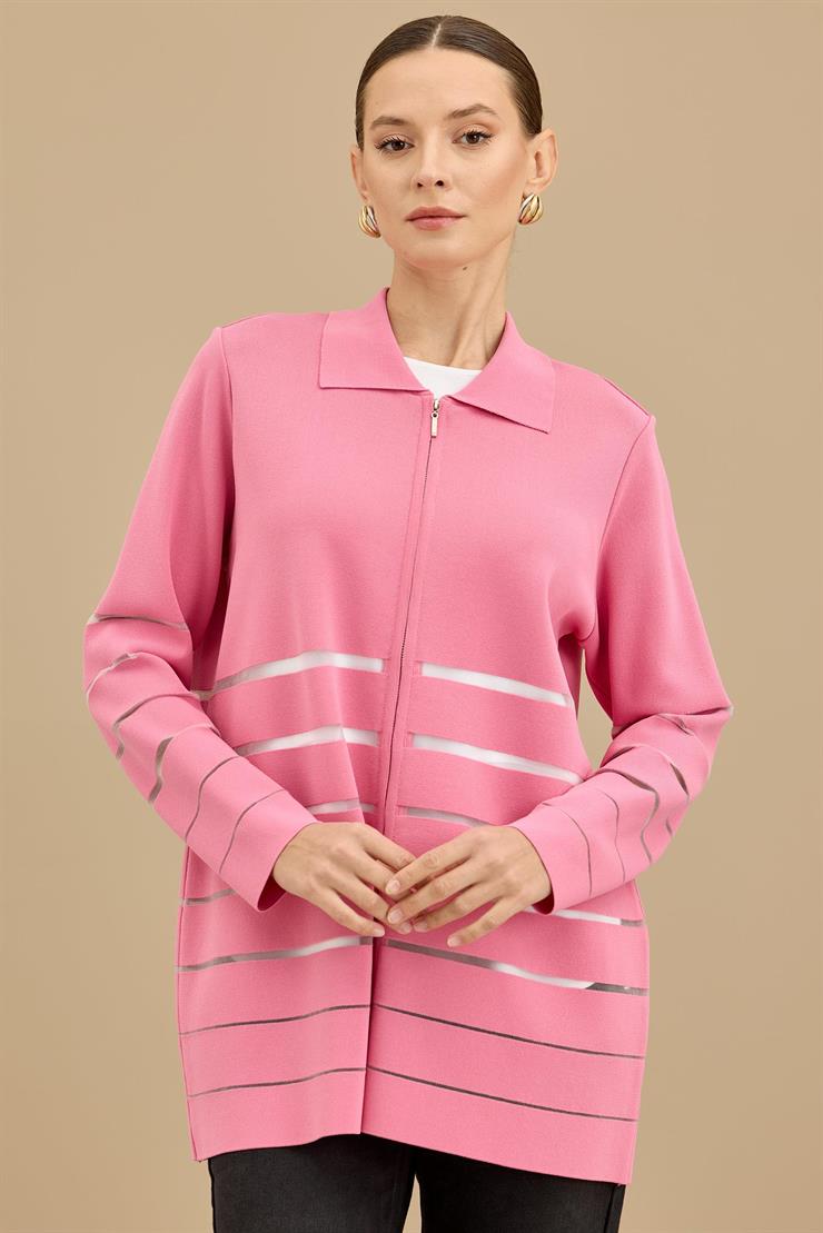 Örgü Detaylı Triko Rayon  Hırka PEMBE