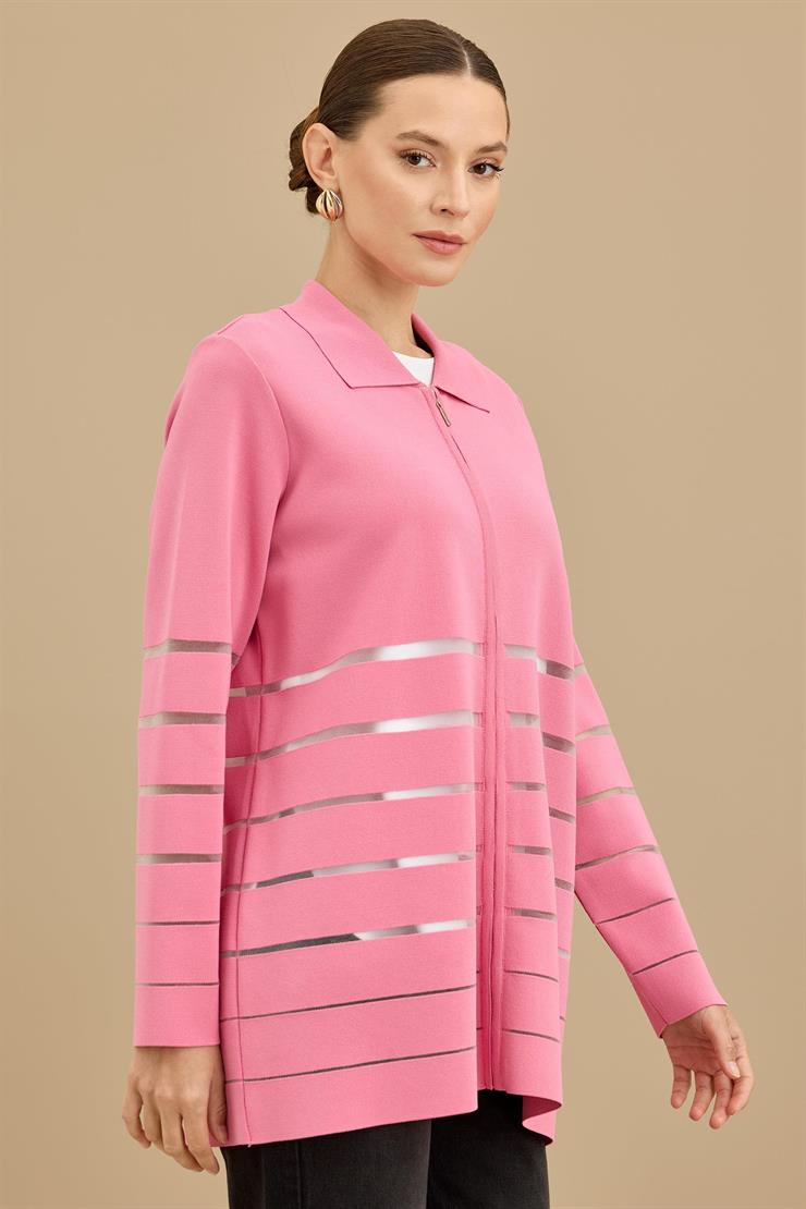 Örgü Detaylı Triko Rayon  Hırka PEMBE