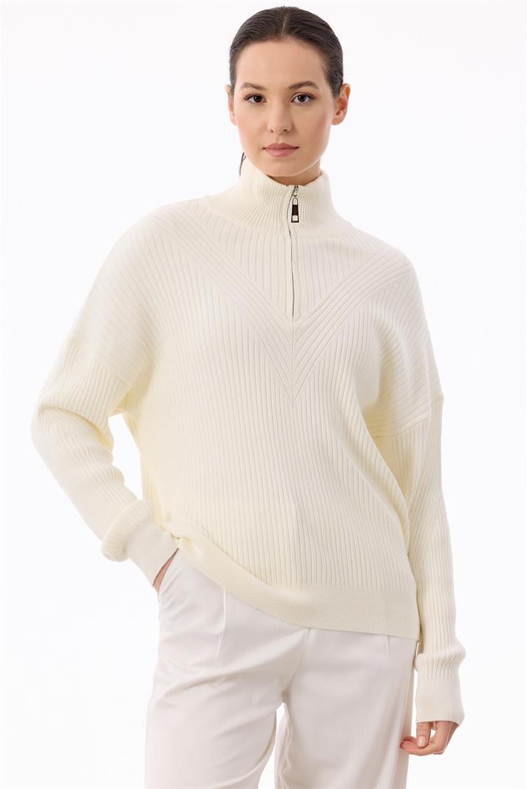 Örgü Detaylı Yüksek Yakalı Triko Bluz EKRU