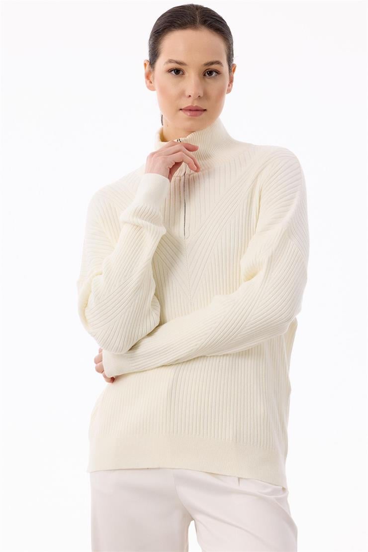 Örgü Detaylı Yüksek Yakalı Triko Bluz EKRU