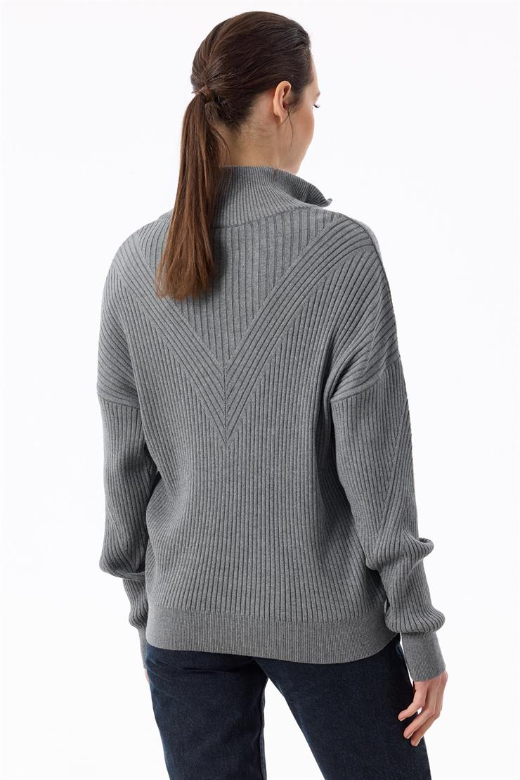 Örgü Detaylı Yüksek Yakalı Triko Bluz GRİ