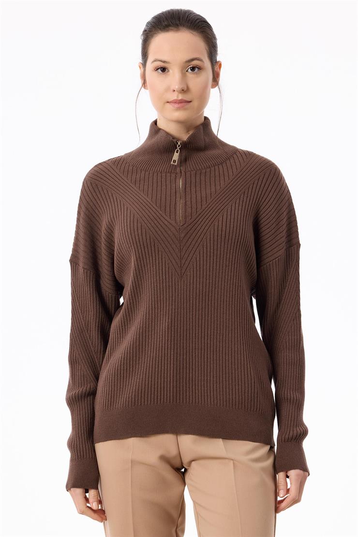 Örgü Detaylı Yüksek Yakalı Triko Bluz KAHVE