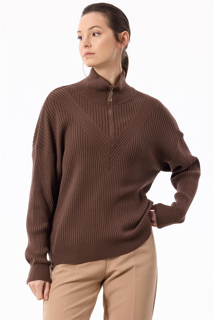 Örgü Detaylı Yüksek Yakalı Triko Bluz KAHVE