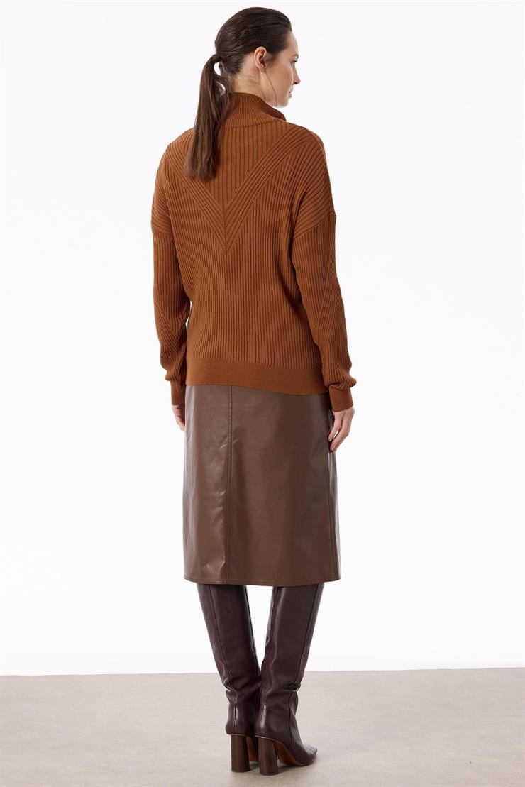 Örgü Detaylı Yüksek Yakalı Triko Bluz KİREMİT