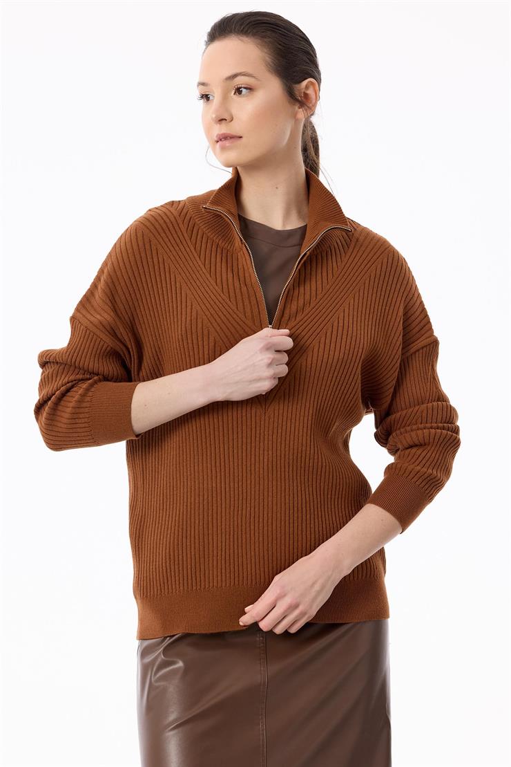 Örgü Detaylı Yüksek Yakalı Triko Bluz KİREMİT