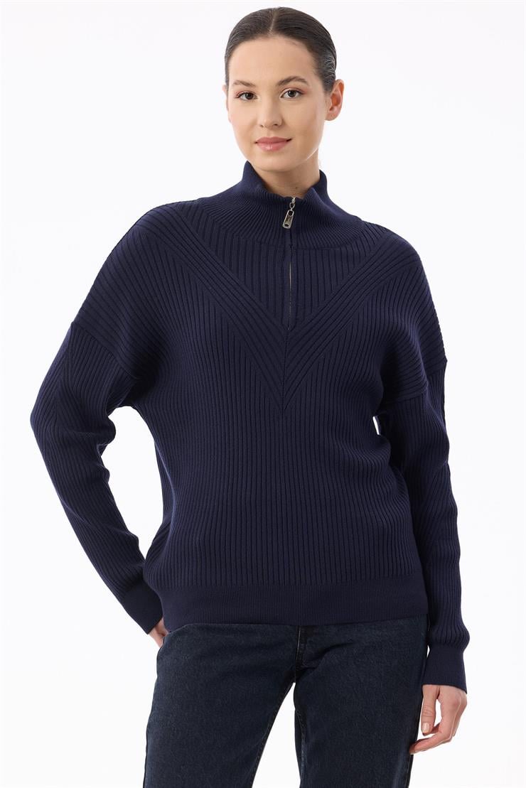 Örgü Detaylı Yüksek Yakalı Triko Bluz LACİVERT