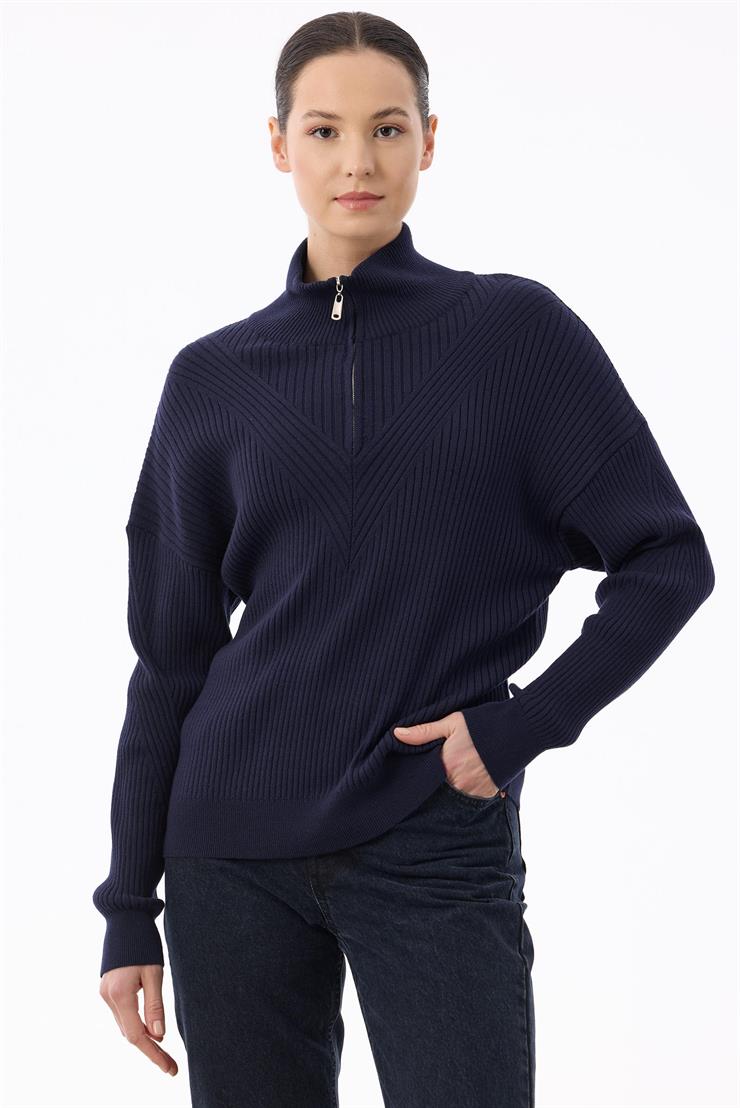 Örgü Detaylı Yüksek Yakalı Triko Bluz LACİVERT