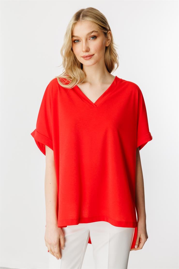 Oversize V Yaka Kısa Kol Bluz-Kırmızı