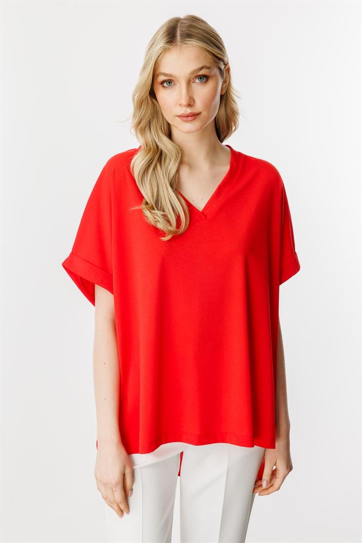 Oversize V Yaka Kısa Kol Bluz-Kırmızı