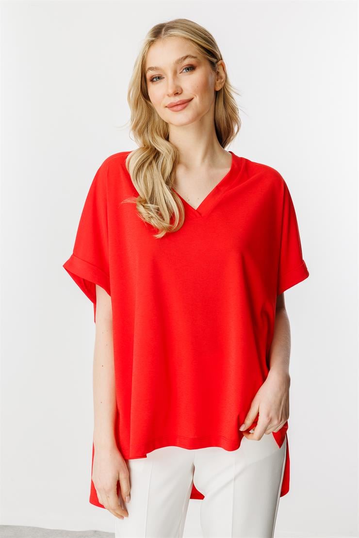 Oversize V Yaka Kısa Kol Bluz-Kırmızı