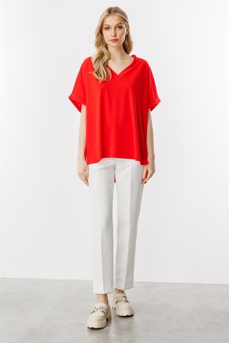 Oversize V Yaka Kısa Kol Bluz-Kırmızı