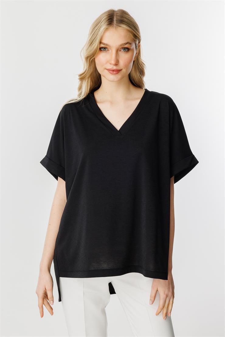 Oversize V Yaka Kısa Kol Bluz-SİYAH