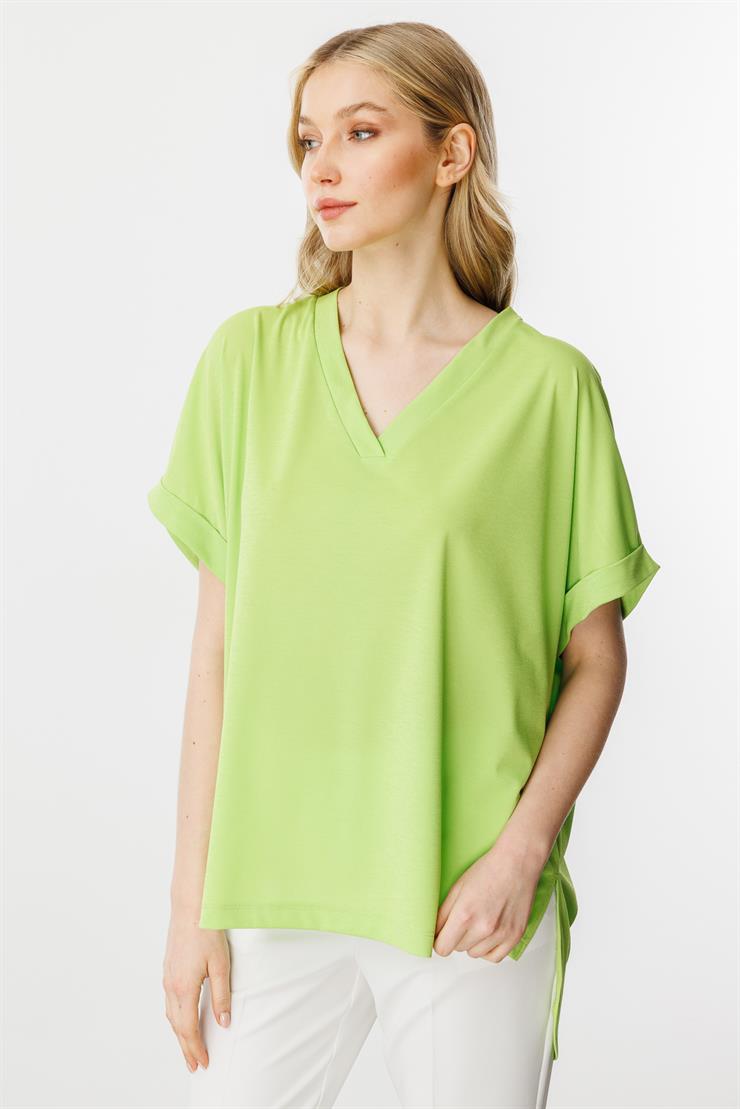 Oversize V Yaka Kısa Kol Bluz-Yesil