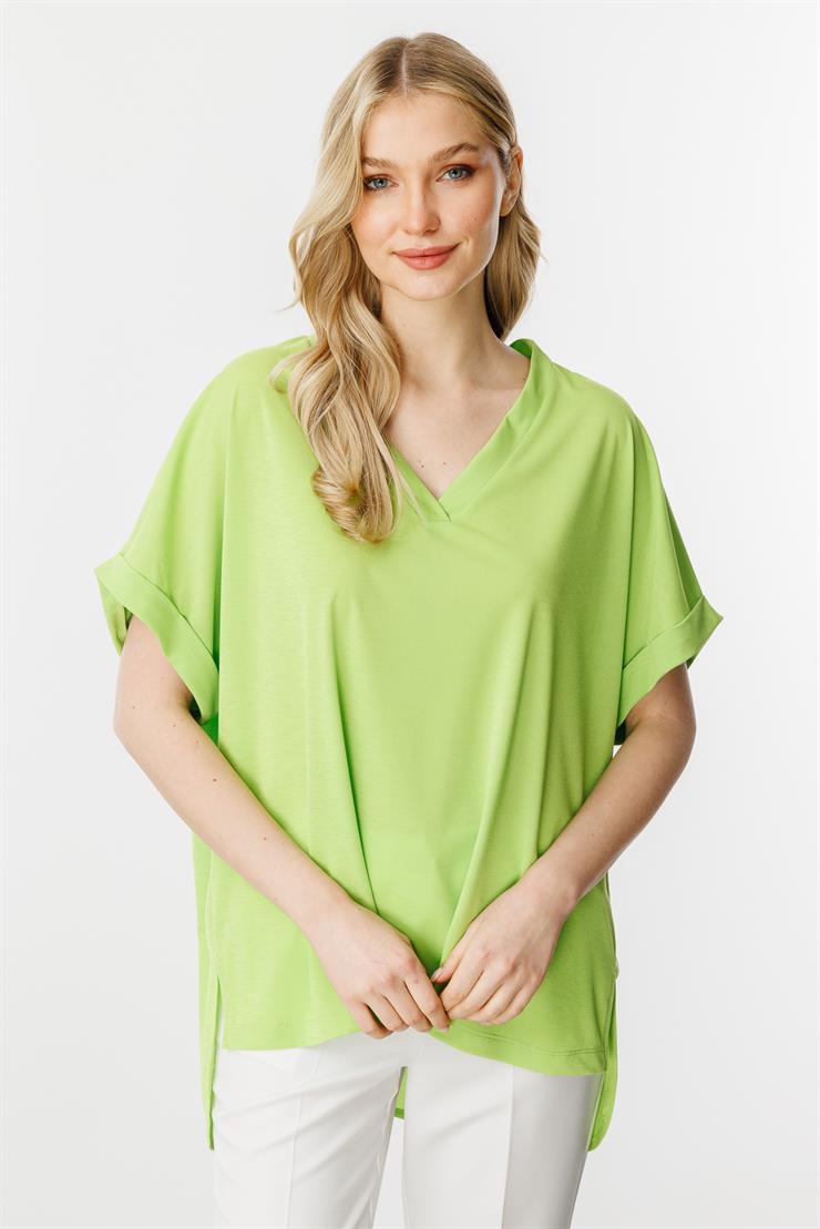 Oversize V Yaka Kısa Kol Bluz-Yesil