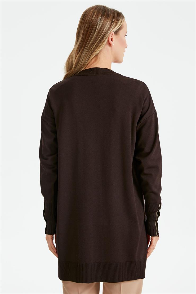 PATI VE KOLU ÇİZGİ DETAYLI RAYON HIRKA KAHVE