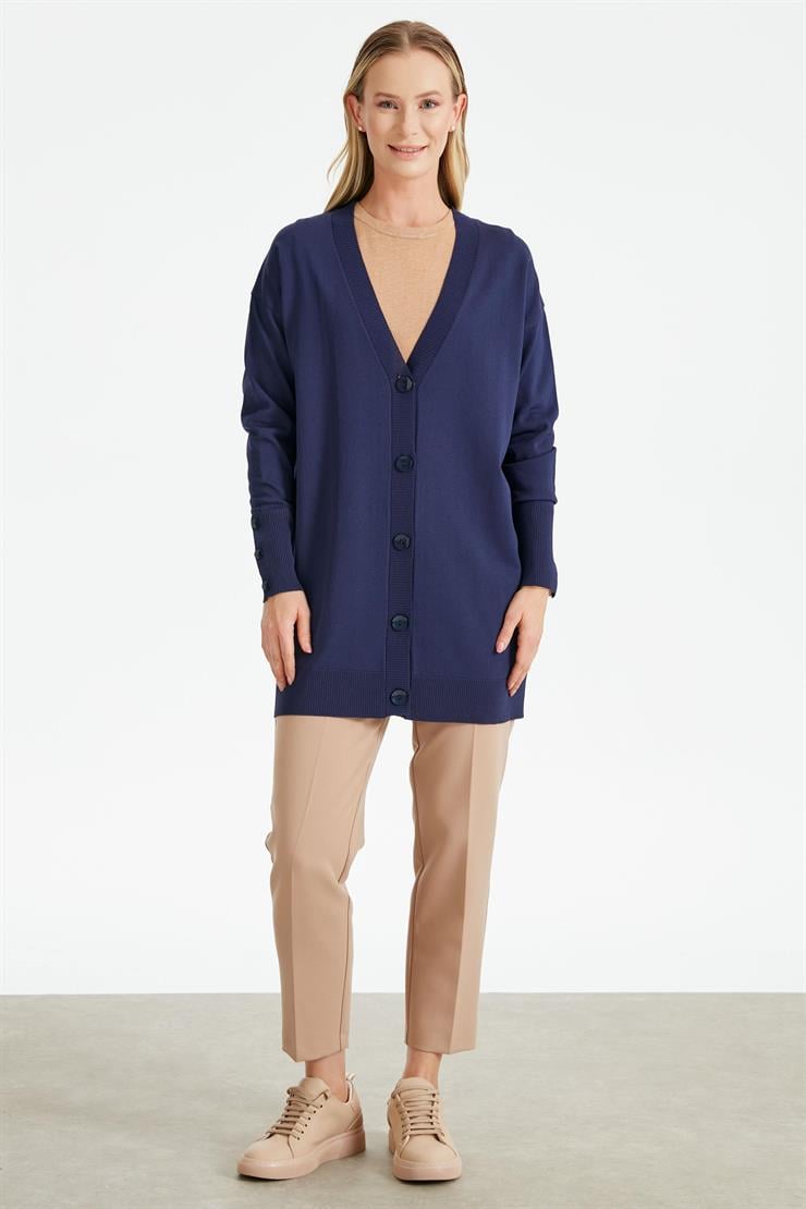 PATI VE KOLU ÇİZGİ DETAYLI RAYON HIRKA LACİVERT