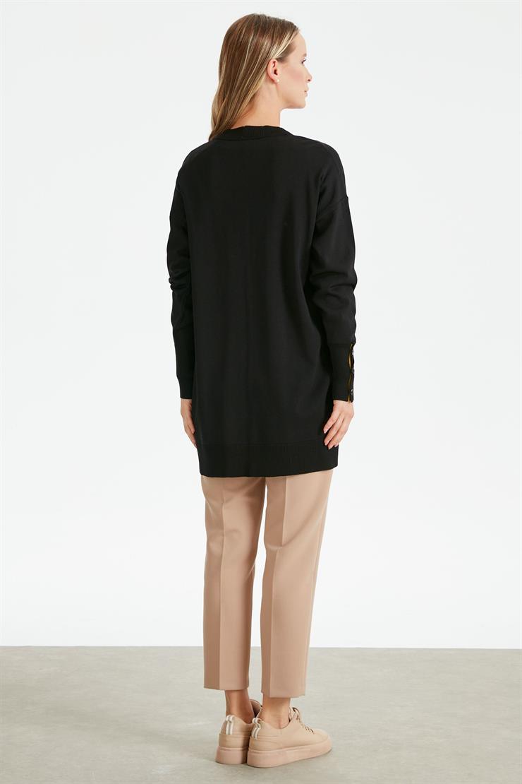 PATI VE KOLU ÇİZGİ DETAYLI RAYON HIRKA SİYAH