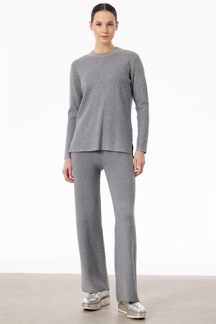 Paçası Taşlı Triko Takım GRİ