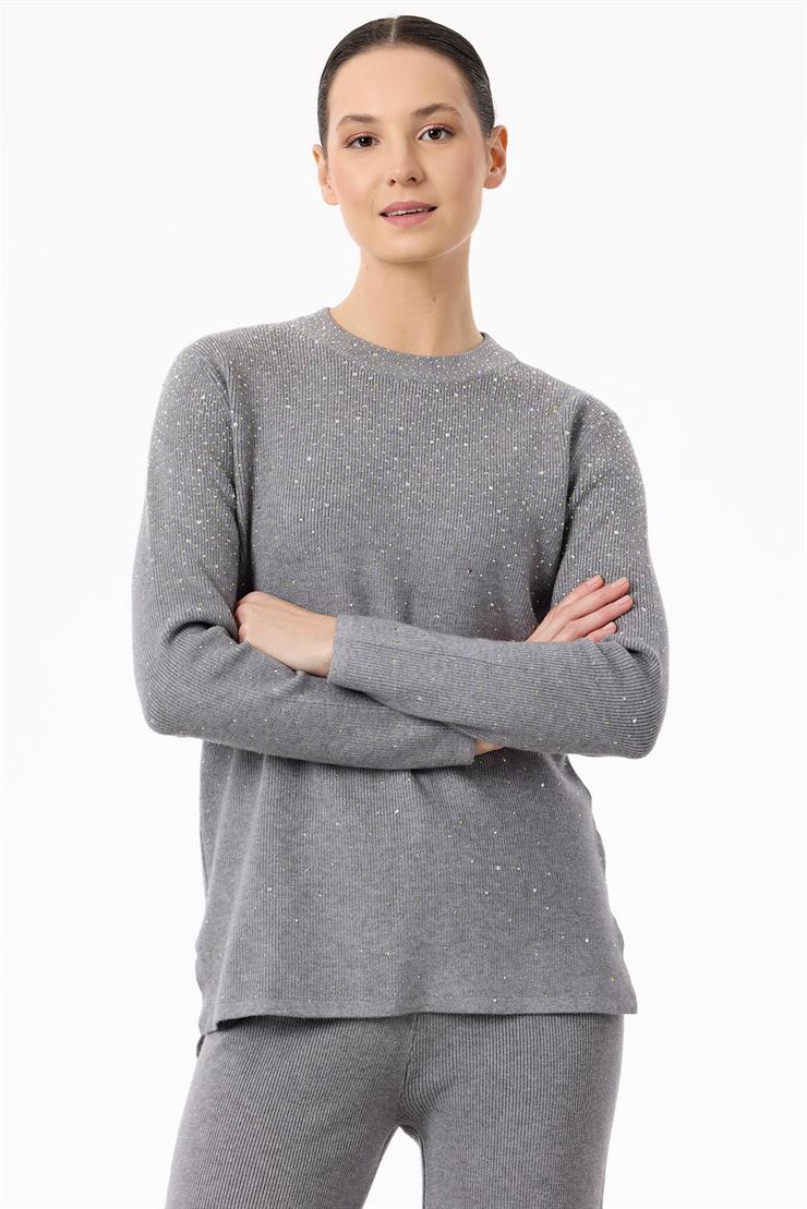 Paçası Taşlı Triko Takım GRİ