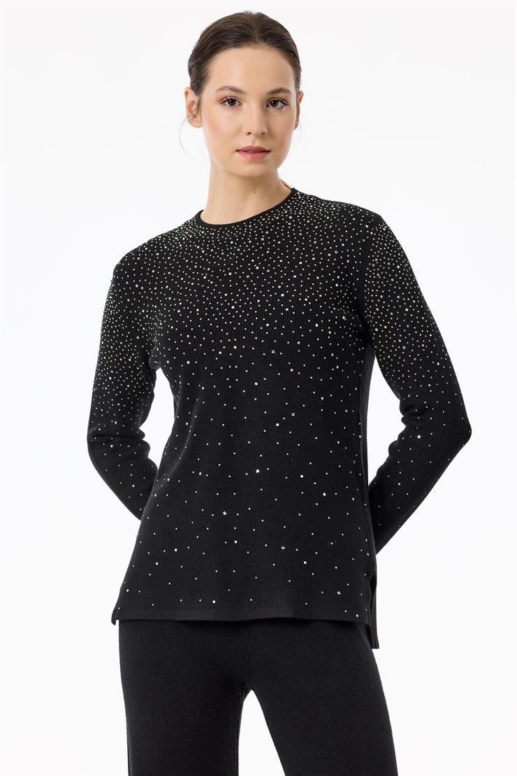 Paçası Taşlı Triko Takım SİYAH