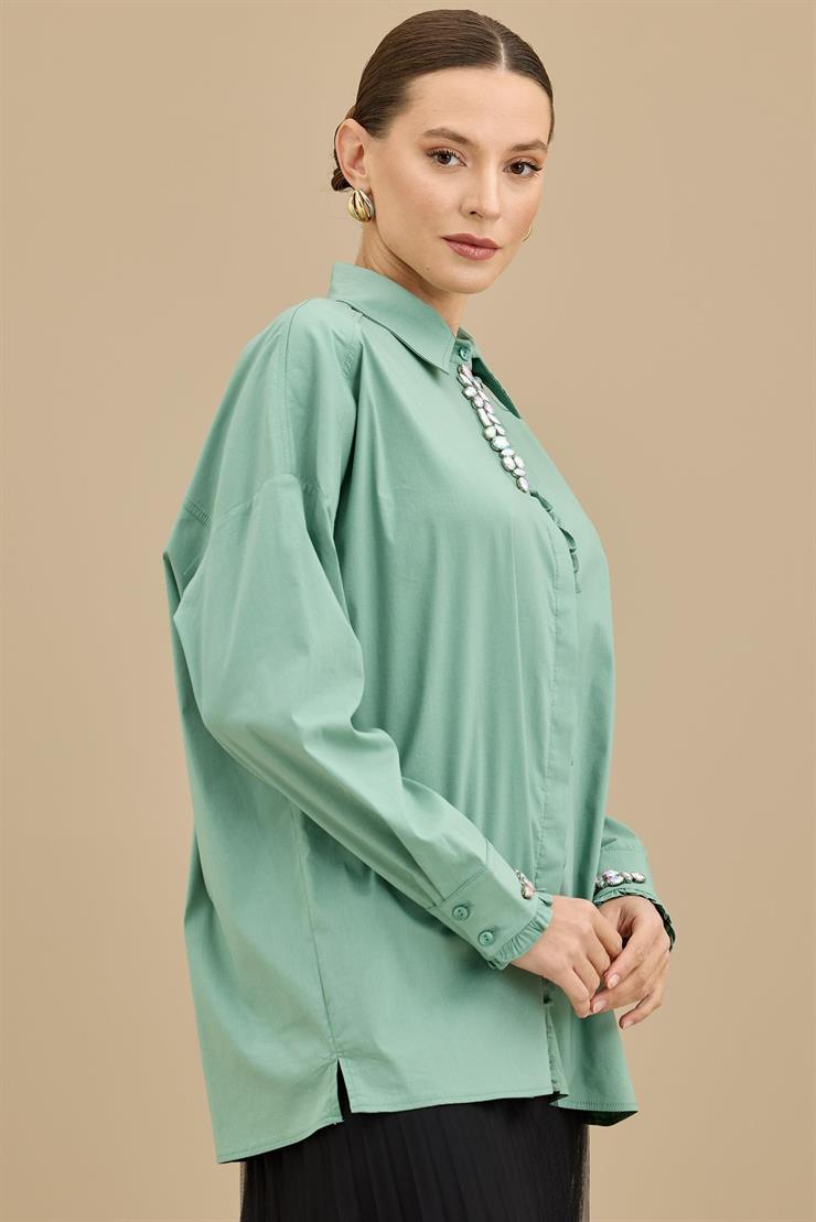 Pat Ve Kol Uçları Fırfırlı Taşlı Gömlek YEŞİL
